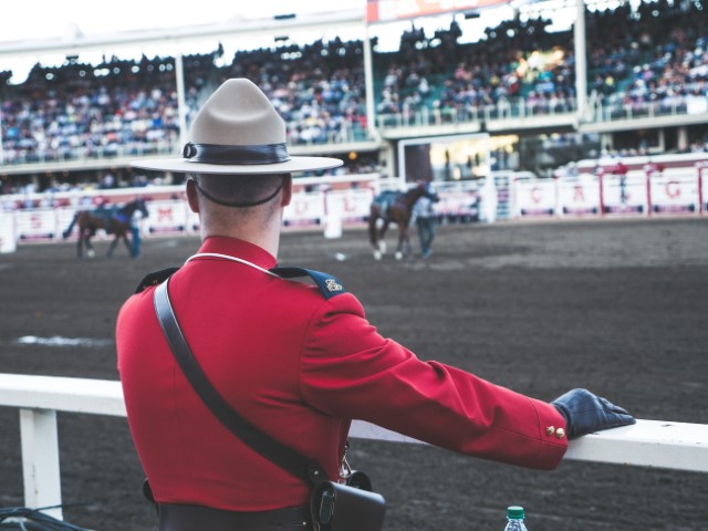 a canadian mounty watching a horse race at Calgary Stampede
