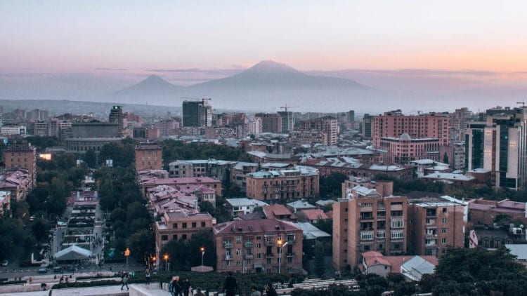 view of yerevan with mountaines in distance