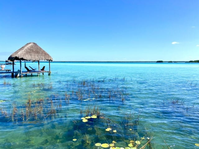 The beautiful lake bacalar in mexico showing all its 7 colours