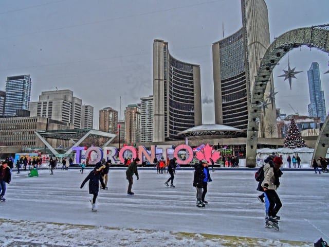 ice skating at Nathan Phillips Square in Toronto