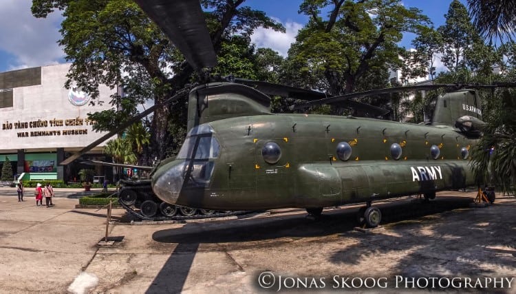 an abandoned us aarmy helicopter now on display in the war remnants museum in ho chi minh city
