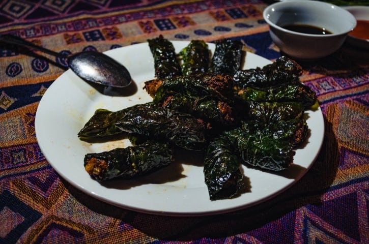 plate of betel leaf wrapped tofu